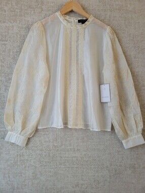 Calligraphie Embroidered Lace Blouse Cream Ivory Sheer Floral Blouson Sleeve Med